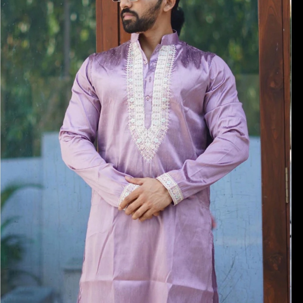 Men's Lavender Embroidered Button-Down Kurta Shirt